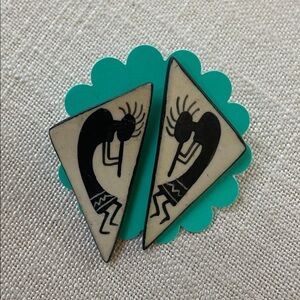 Tribal Kokopelli Design Ceramic Earrings in Black and Cream